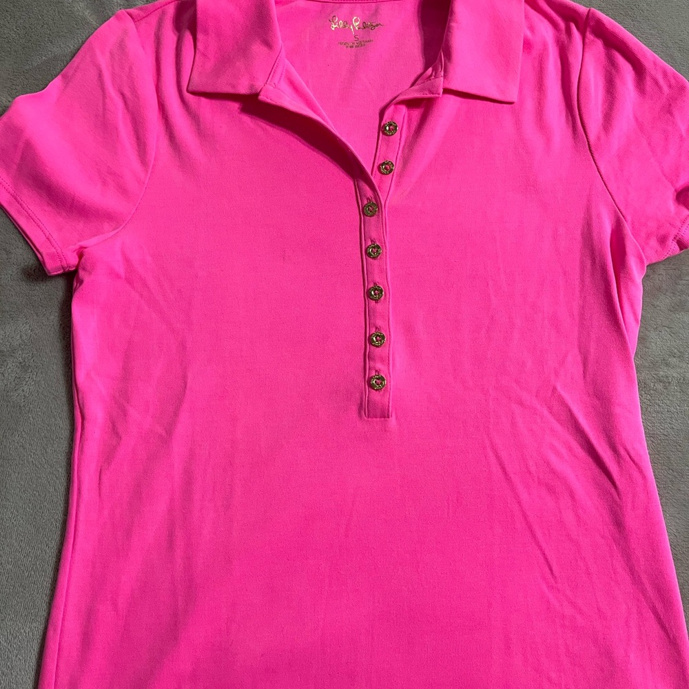 Lilly Pulitzer Reema Hot Pink Short-Sleeve Button-Down Polo- Aura Pink